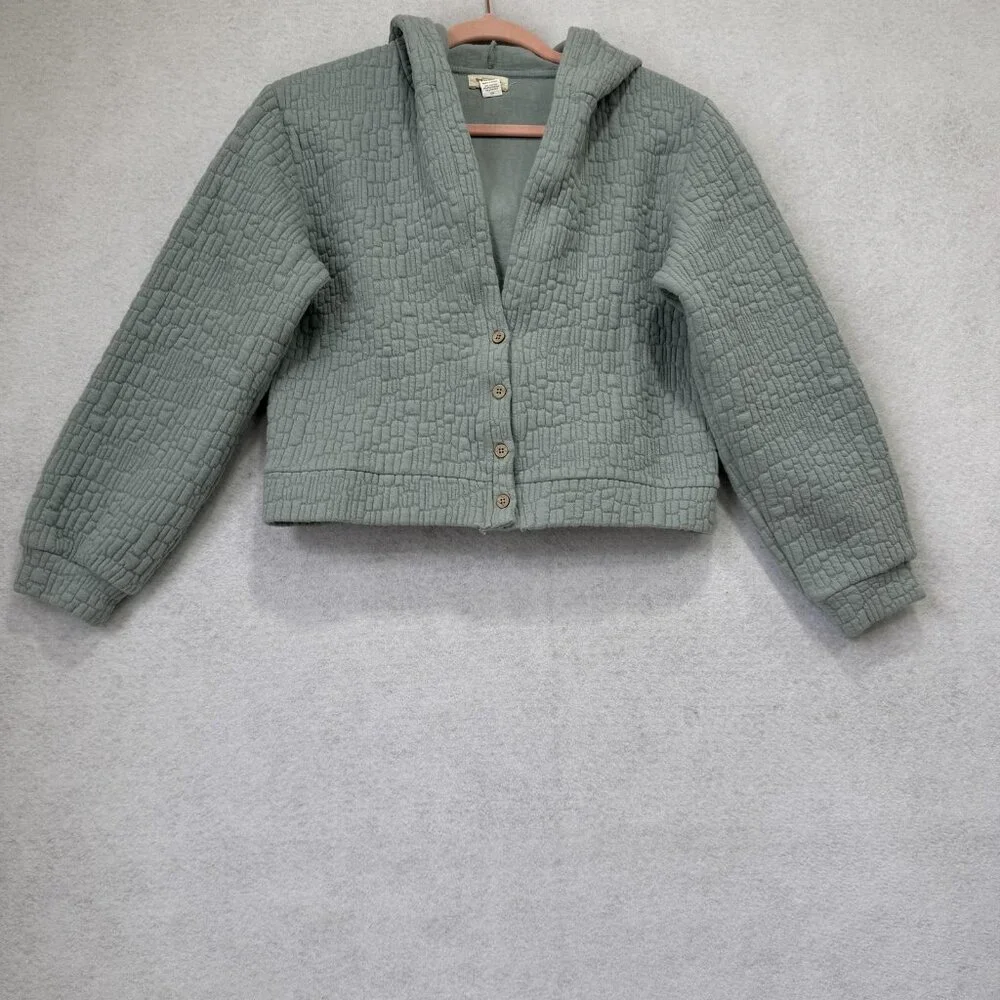 World Market Sweater Womens One Size Green Hooded Quilted Button Front Textured